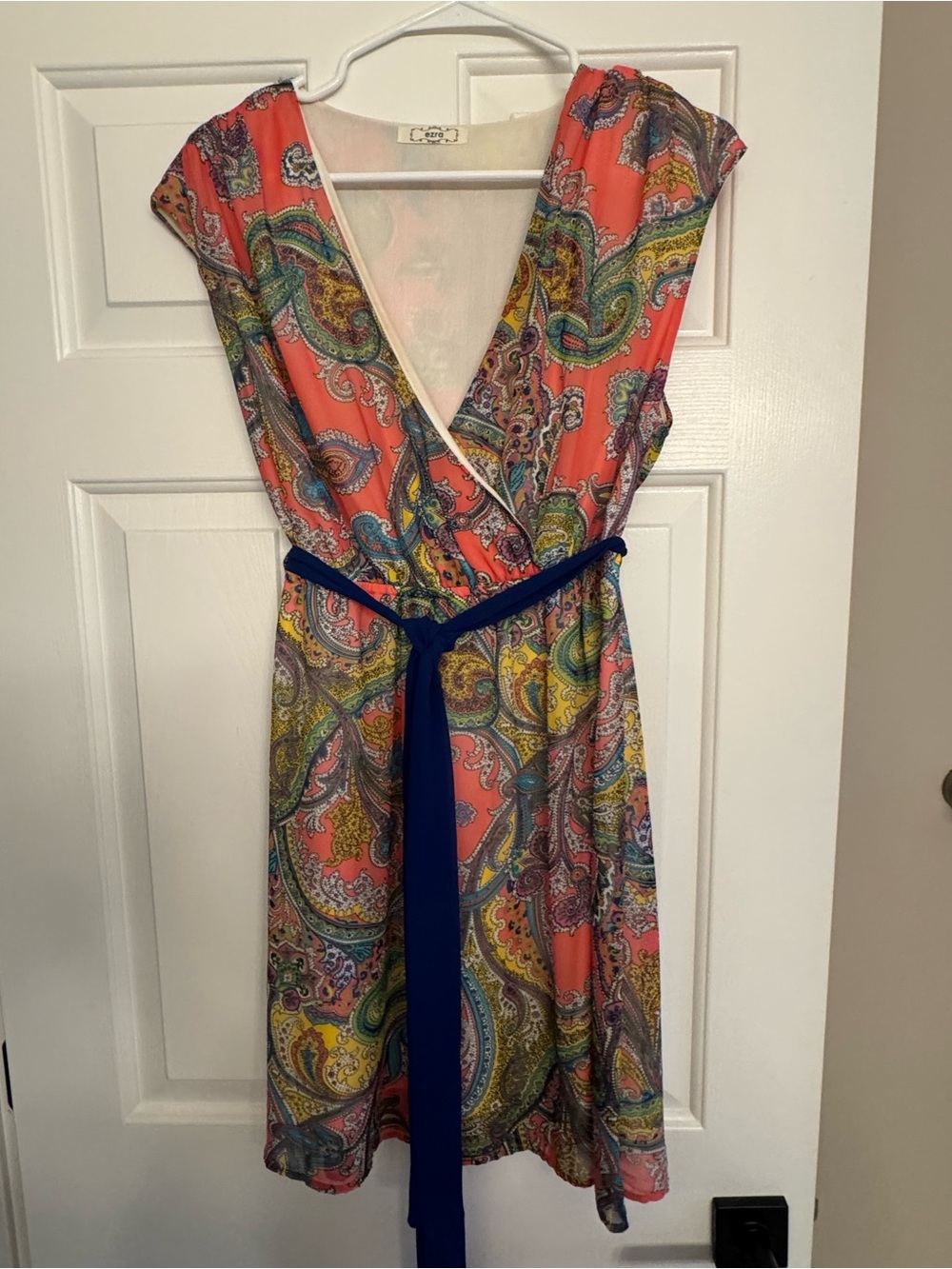 ezra Coral Paisley Surplice Dress with Navy Tie